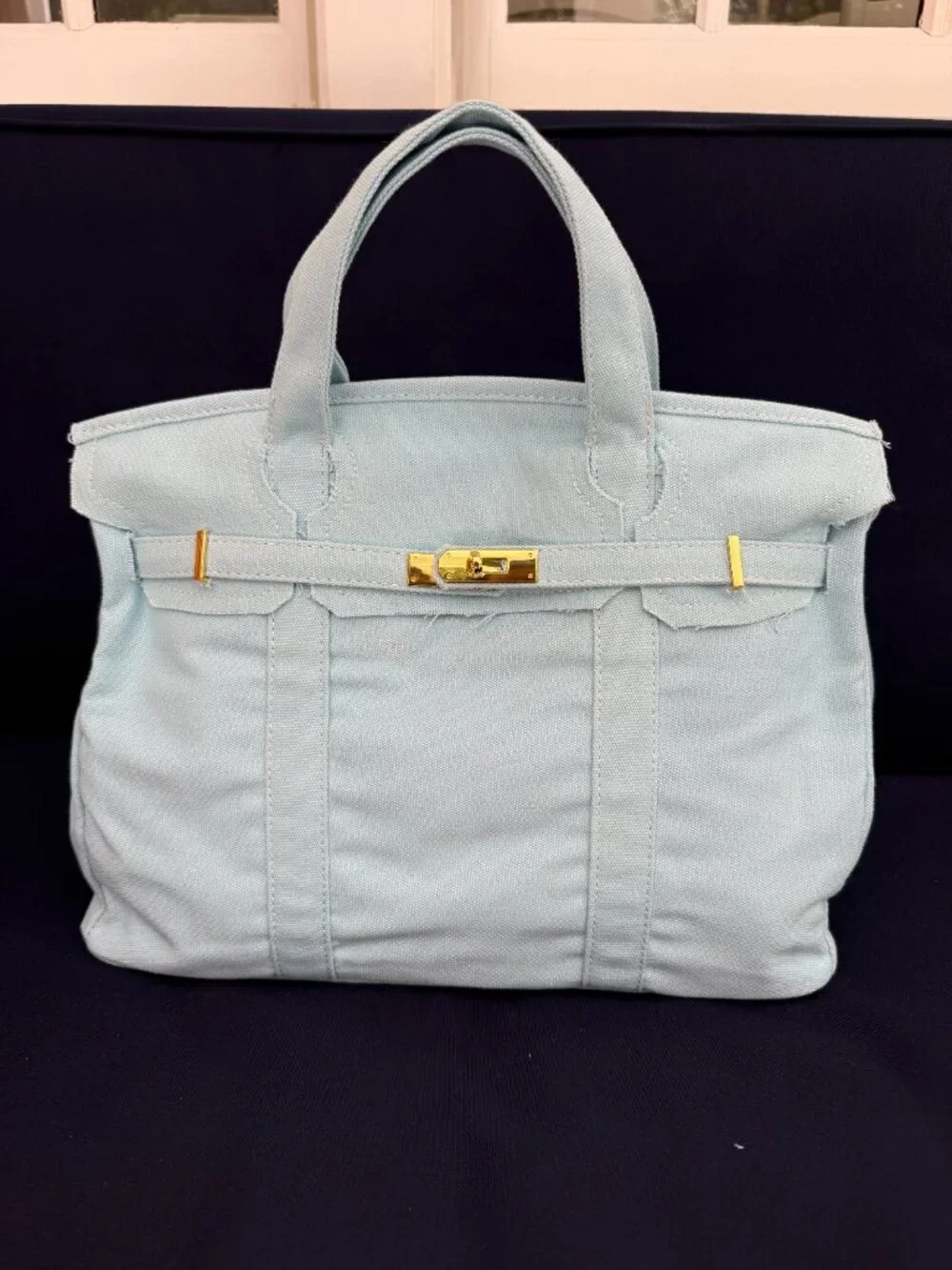 NWOT Boatkin Birkin Canvas Bag Tote Light Blue Gold Color Hardware